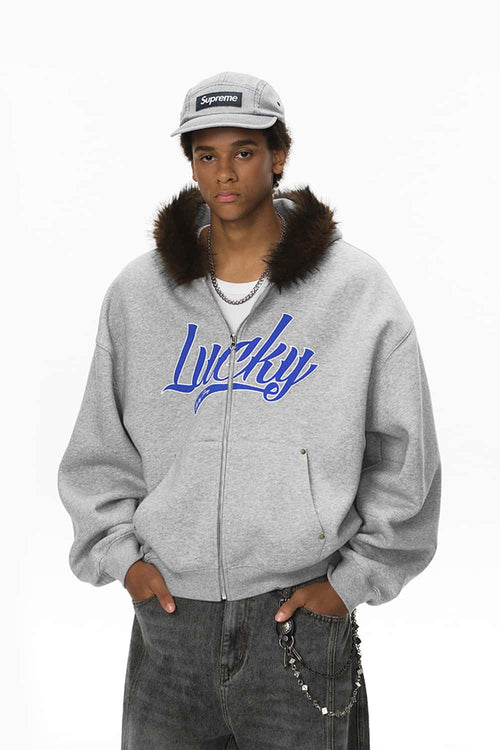 Plush Lined Graphic Heavyweight Hoodie - Flower Gray