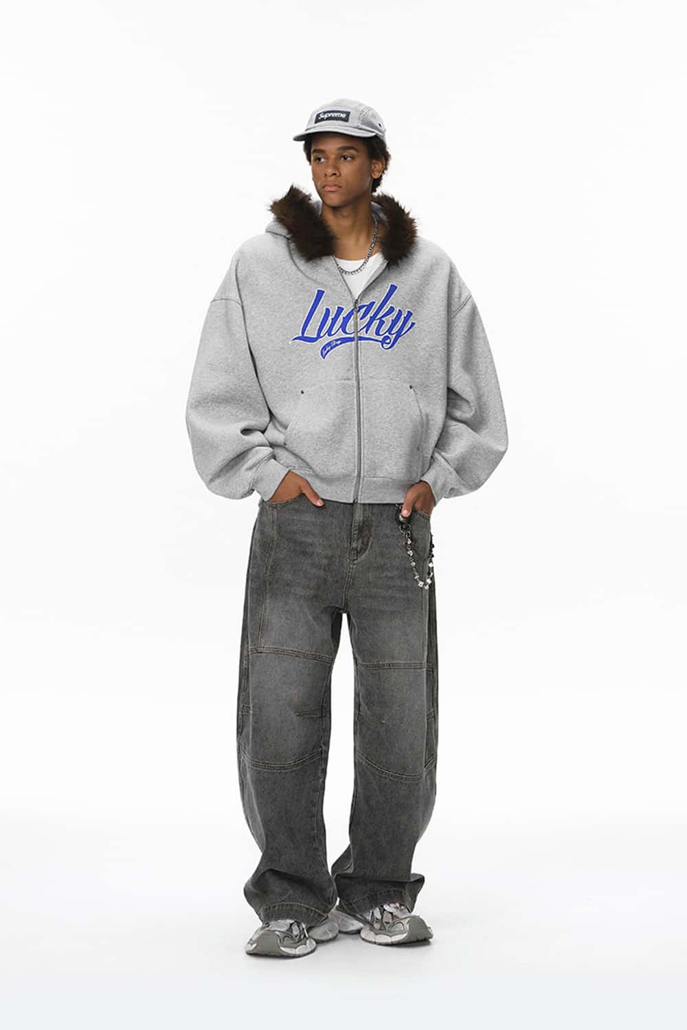 Plush Lined Graphic Heavyweight Hoodie - Flower Gray
