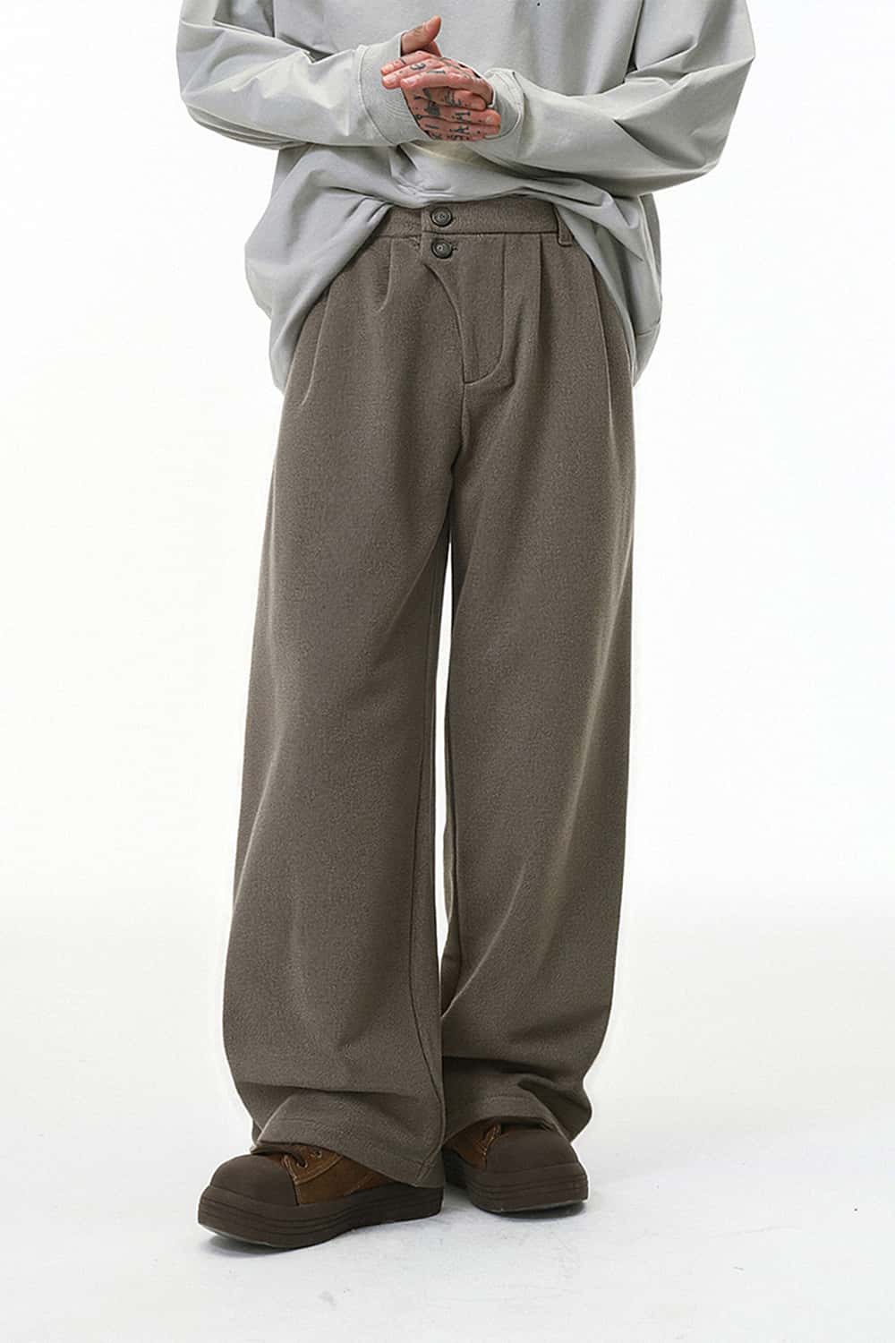 Asymmetric Double-Breasted Wide-Leg Trousers - Coffee