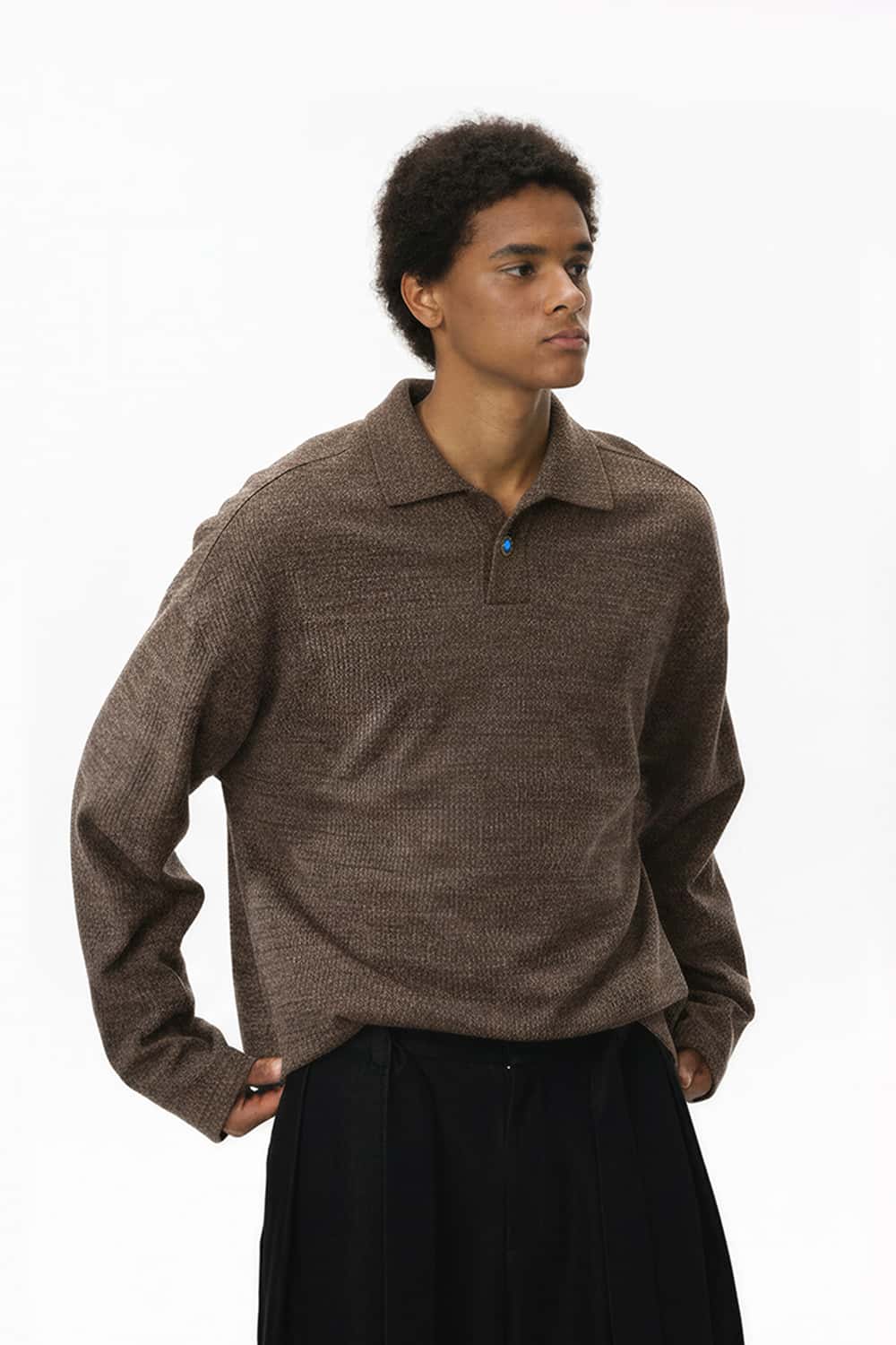 Seamless Collar Formal Long Sleeve Polo - Dark Brown