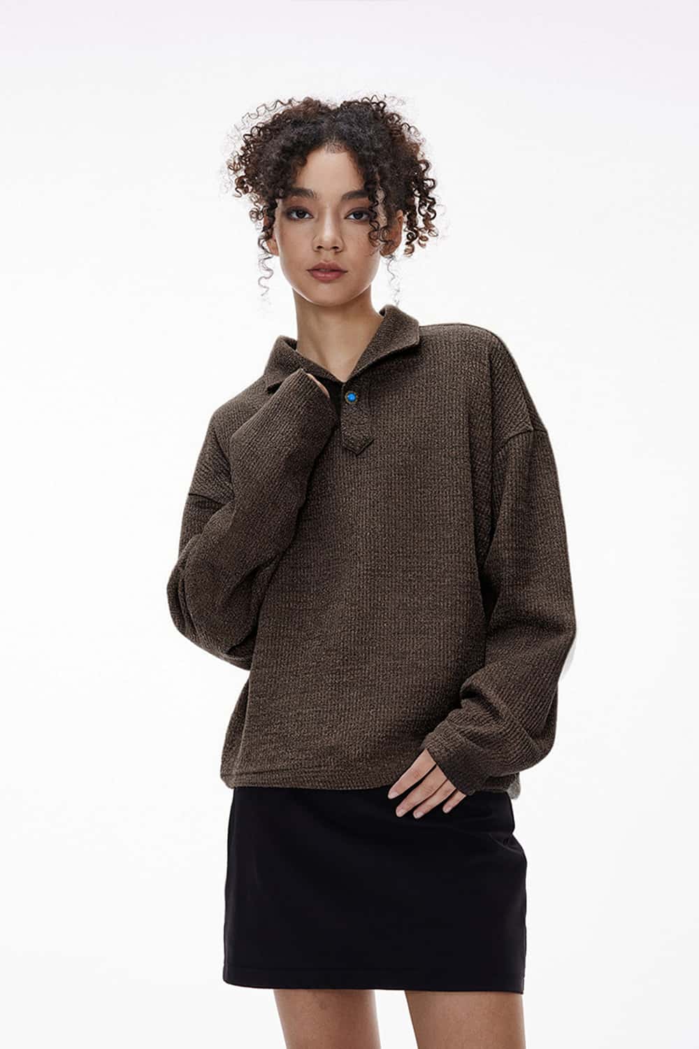 Seamless Collar Formal Long Sleeve Polo - Dark Brown