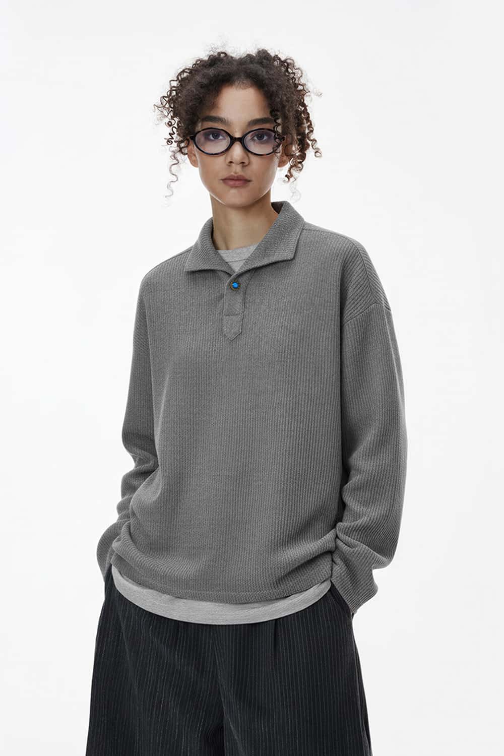 Seamless Collar Formal Long Sleeve Polo - Gray