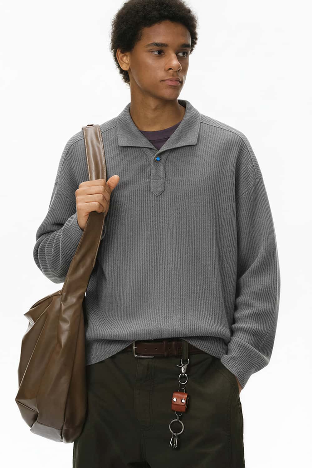 Seamless Collar Formal Long Sleeve Polo - Gray