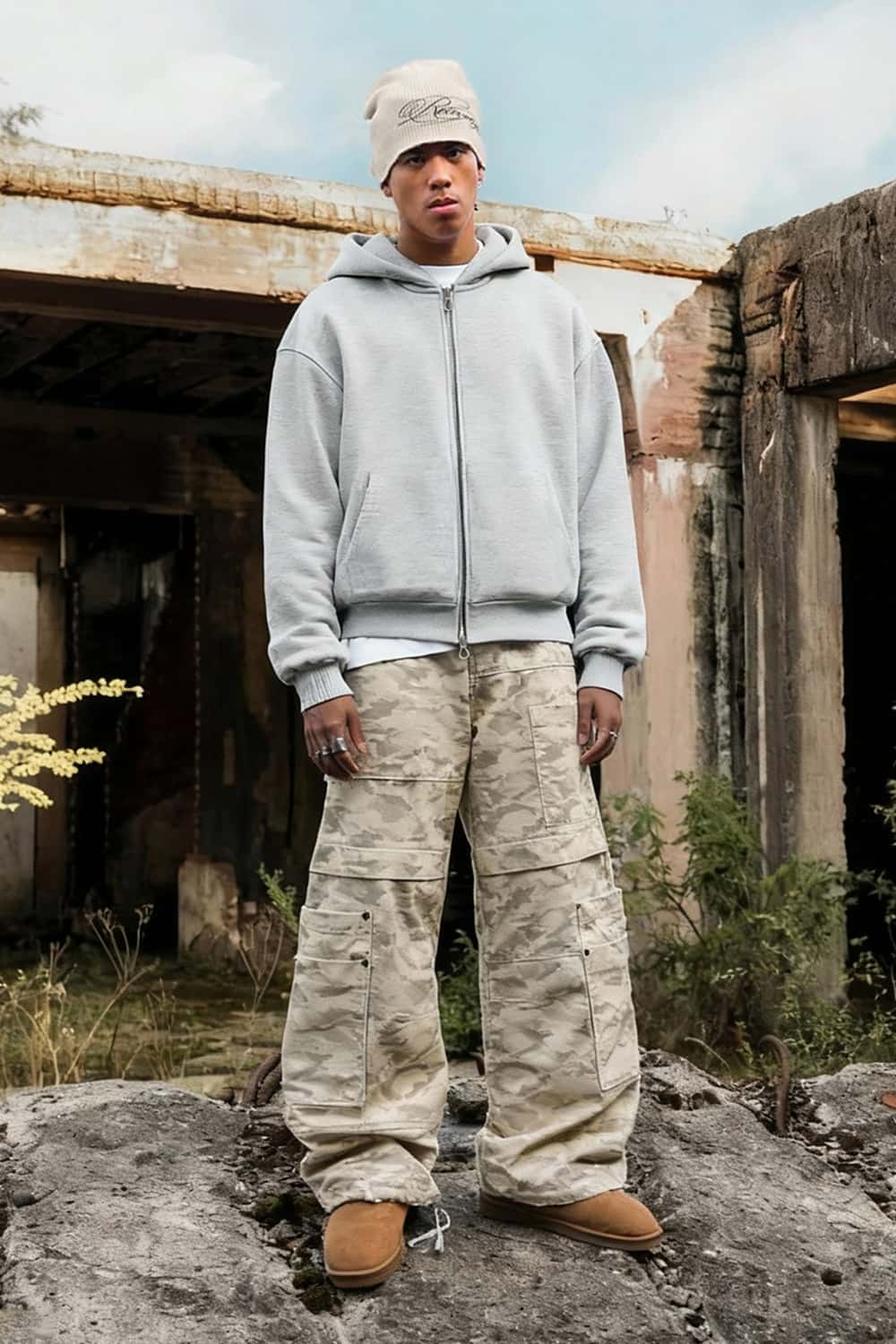 Polar Fleece Zip-Up Jacket - Flower Gray