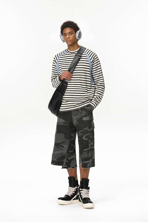 Striped Contrast Raglan Long-Sleeve Tee - Blue
