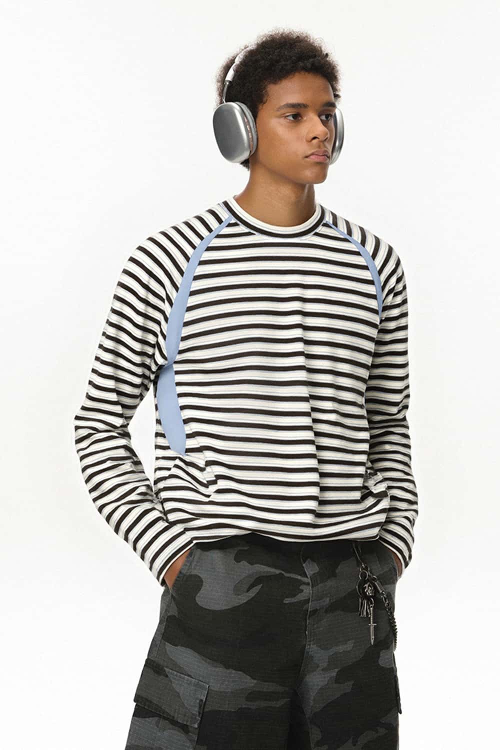Striped Contrast Raglan Long-Sleeve Tee - Blue