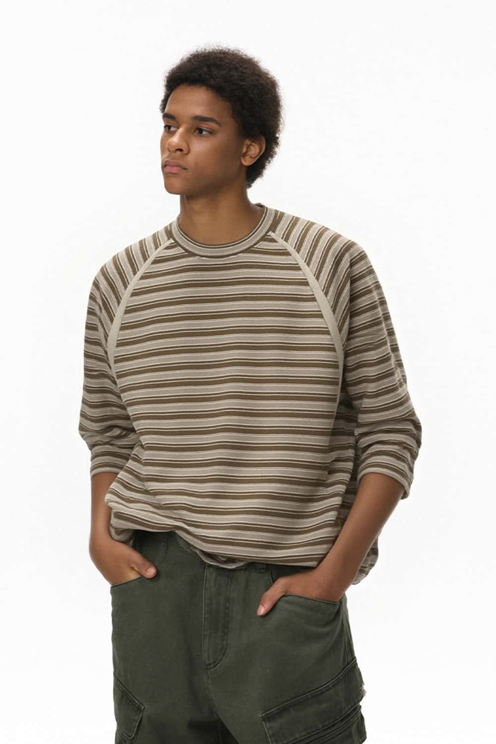 Striped Contrast Raglan Long-Sleeve Tee - Coffee