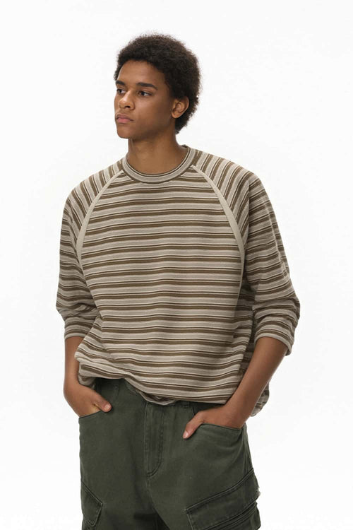 Striped Contrast Raglan Long-Sleeve Tee - Coffee