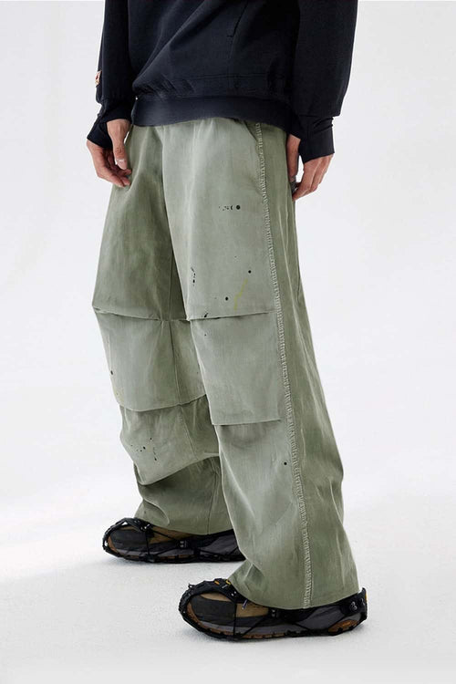 Washed Splash-Ink Parachute Pants - Matcha