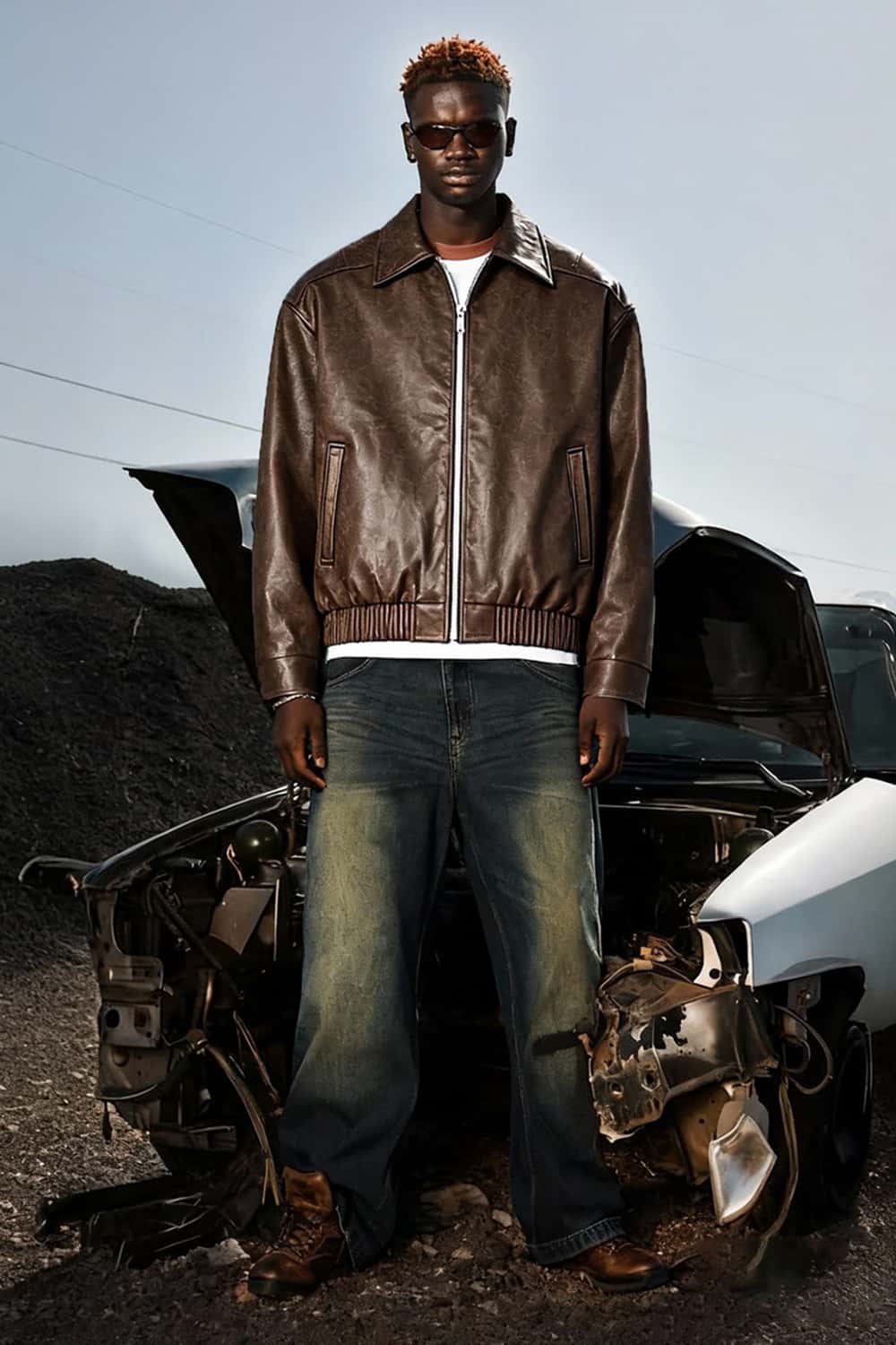 Crinkled Faux Leather Zip Jacket - Brown