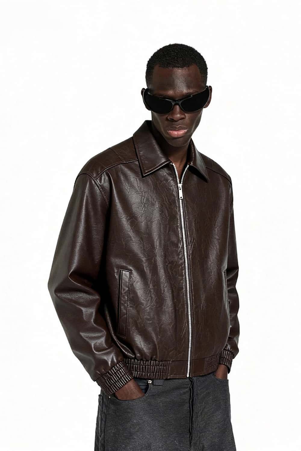 Crinkled Faux Leather Zip Jacket - Brown