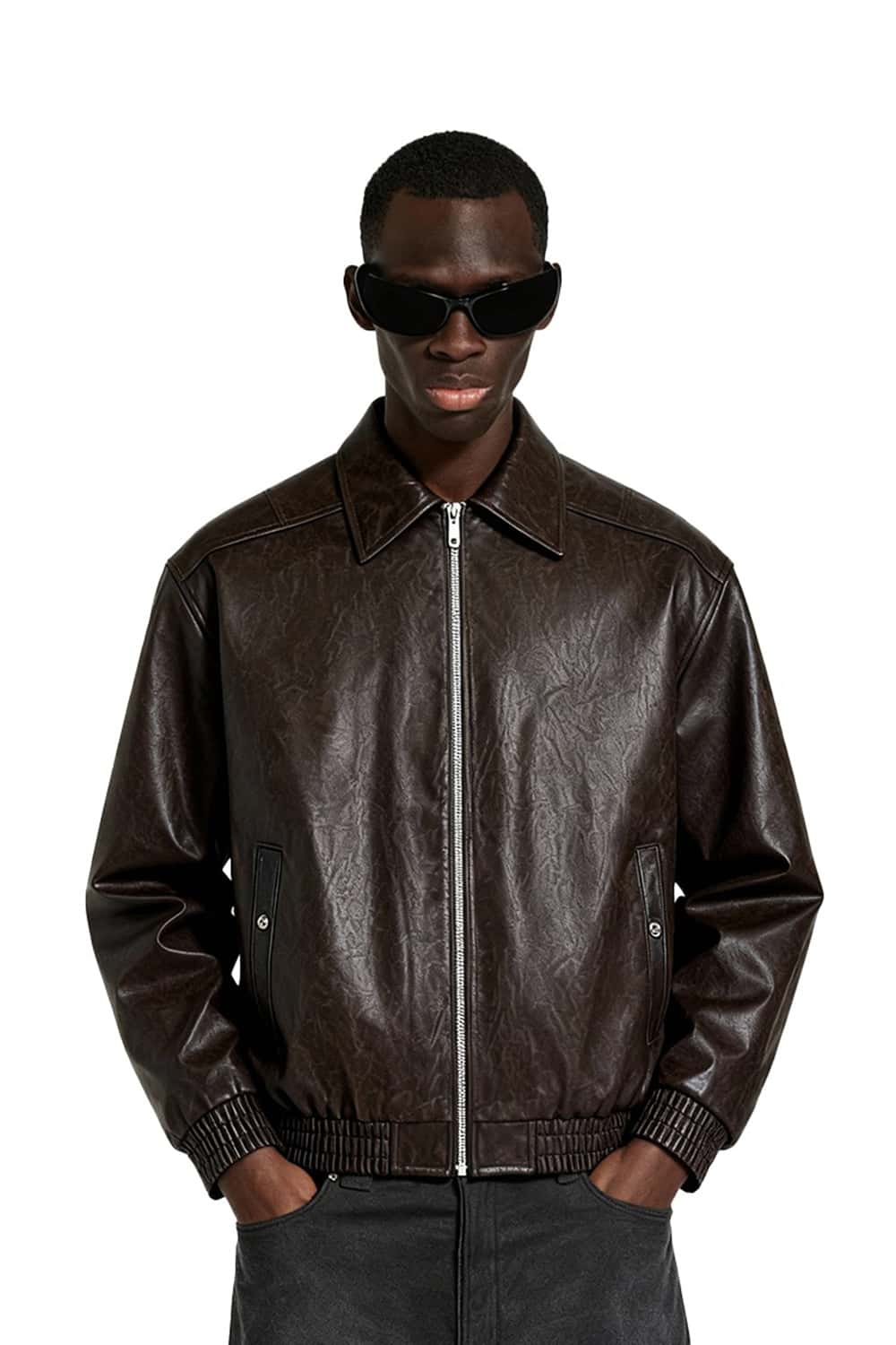 Crinkled Faux Leather Zip Jacket - Brown
