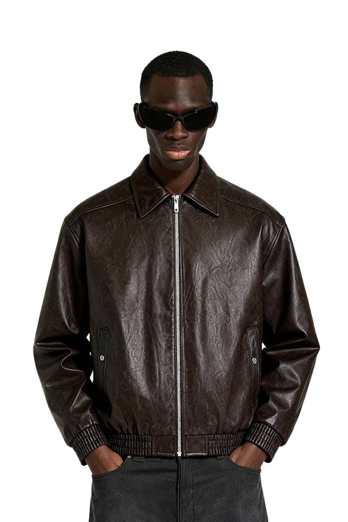 Crinkled Faux Leather Zip Jacket - Brown