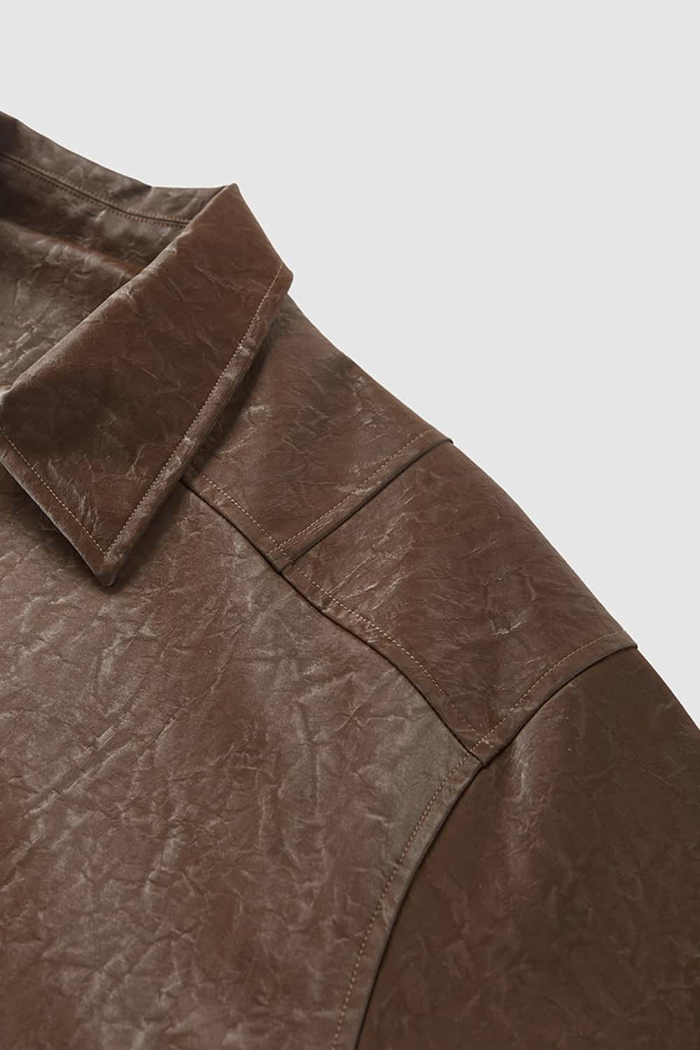 Crinkled Faux Leather Zip Jacket - Brown