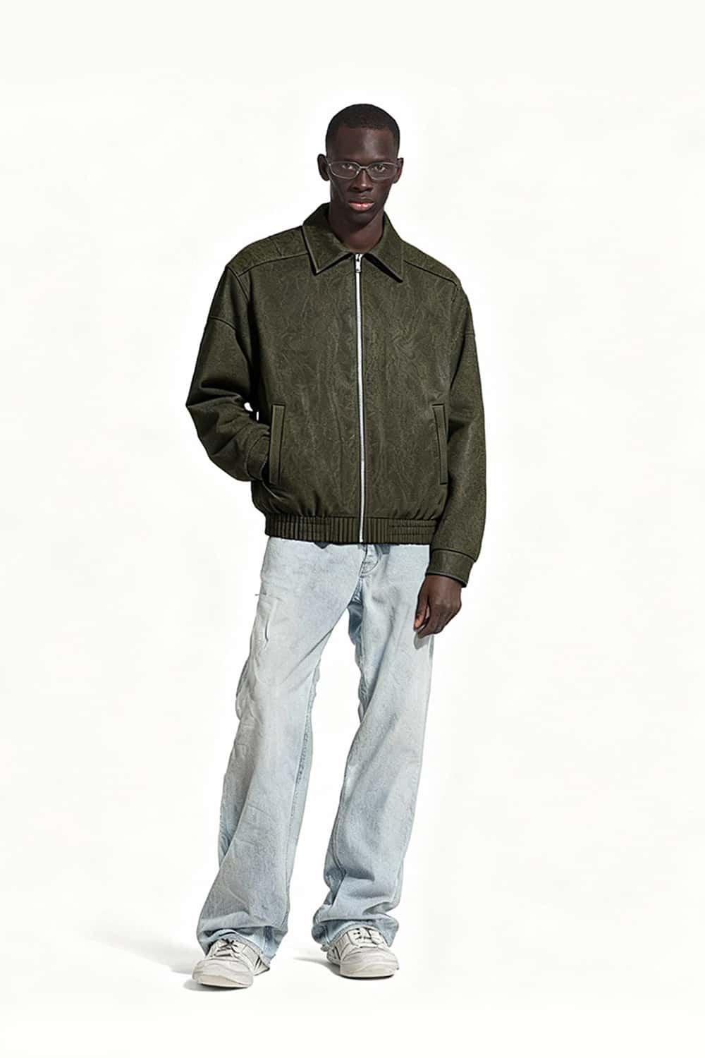 Crinkled Faux Leather Zip Jacket - Green
