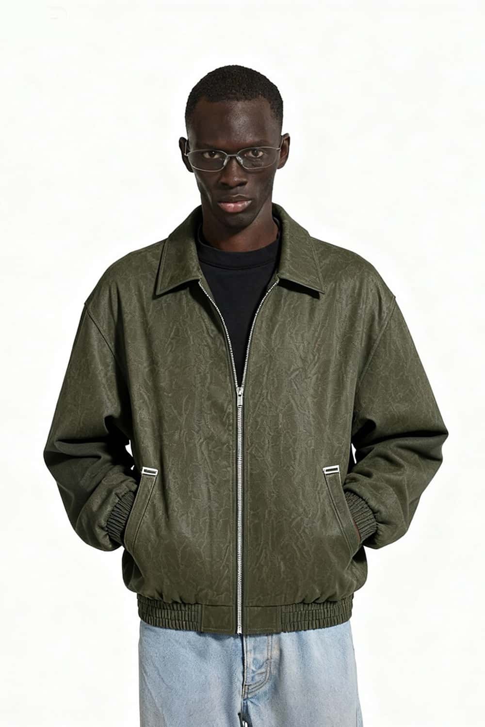 Crinkled Faux Leather Zip Jacket - Green
