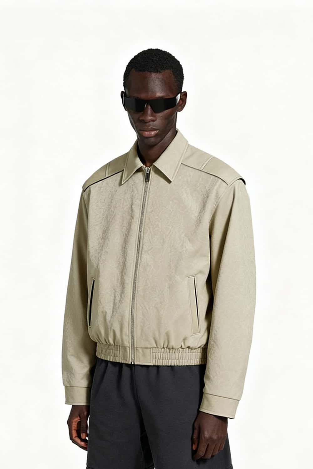 Crinkled Faux Leather Zip Jacket - Khaki