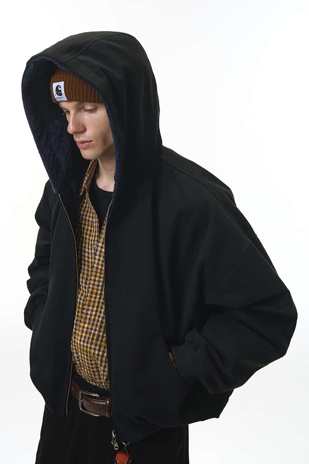 Cropped Fleece Zip-Up Hoodie - Black