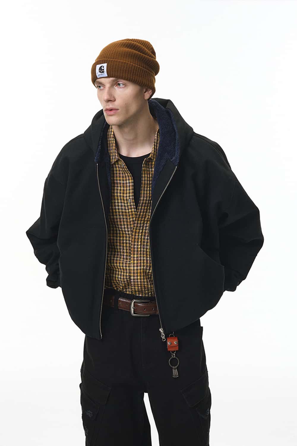 Cropped Fleece Zip-Up Hoodie - Black