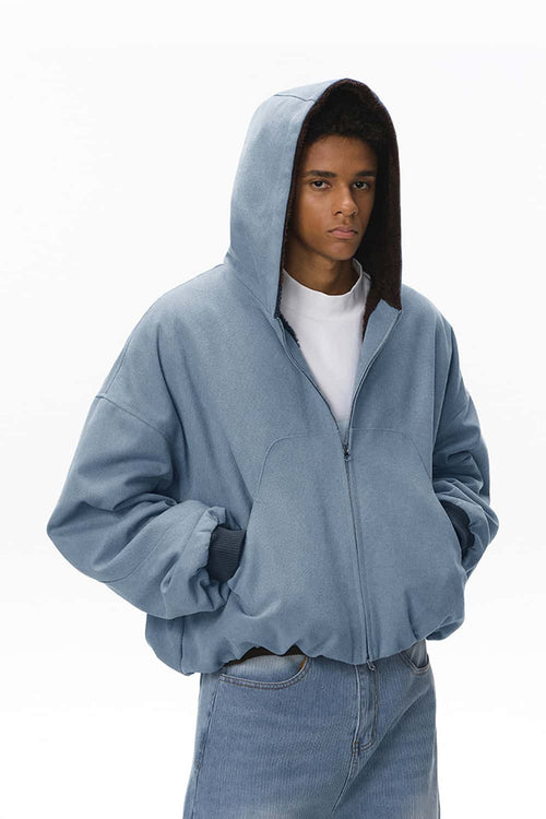 Cropped Fleece Zip-Up Hoodie - Blue