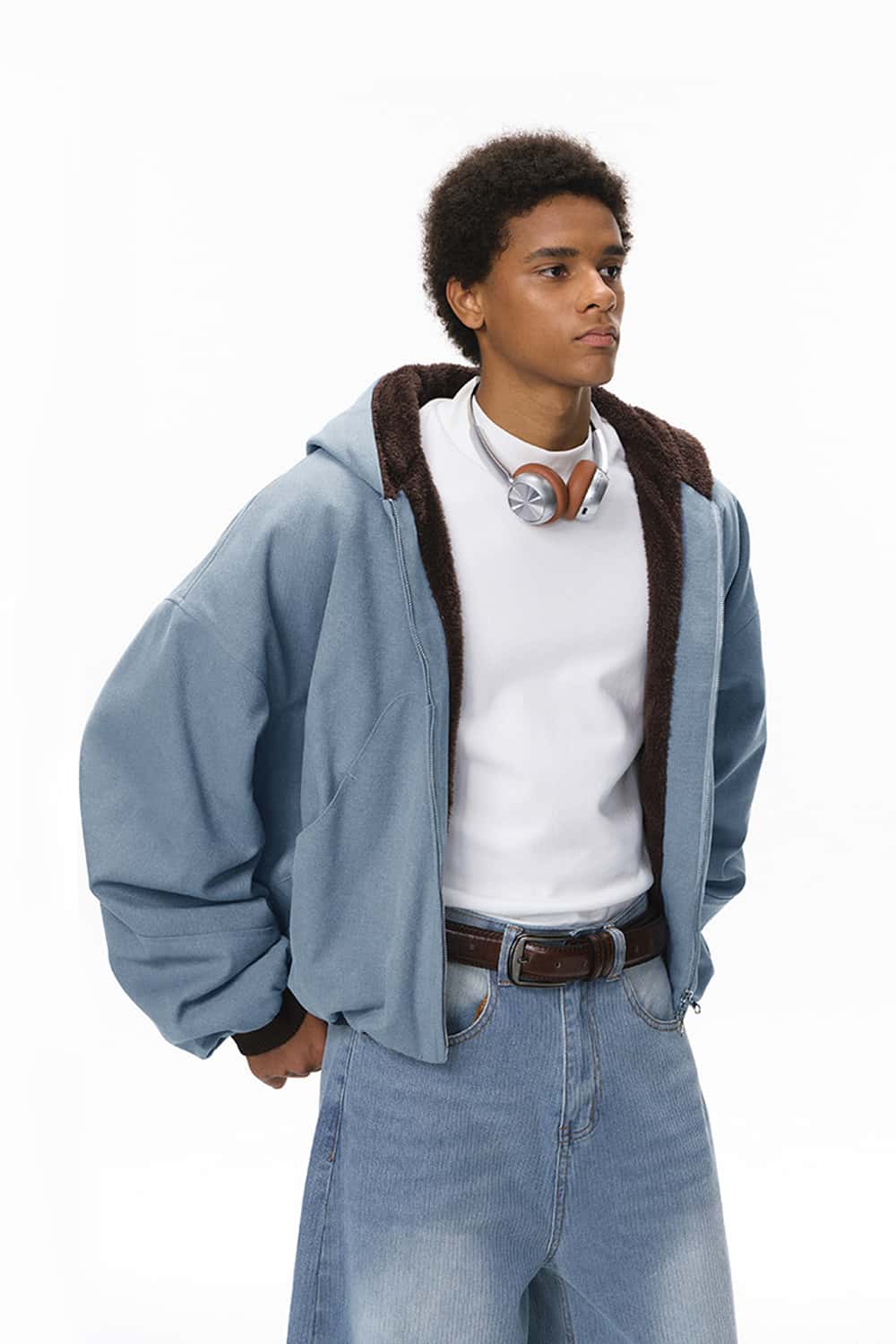 Cropped Fleece Zip-Up Hoodie - Blue