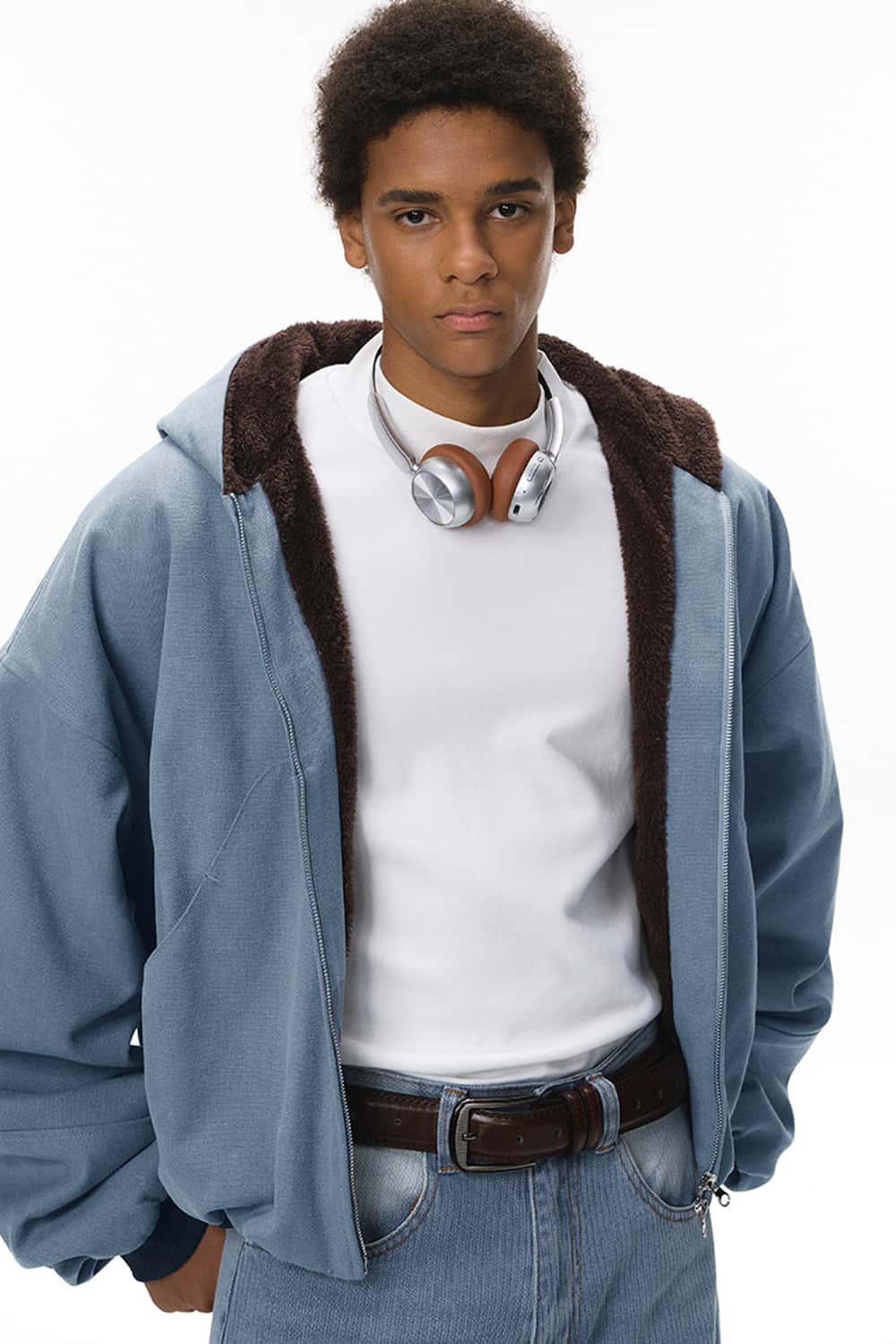 Cropped Fleece Zip-Up Hoodie - Blue