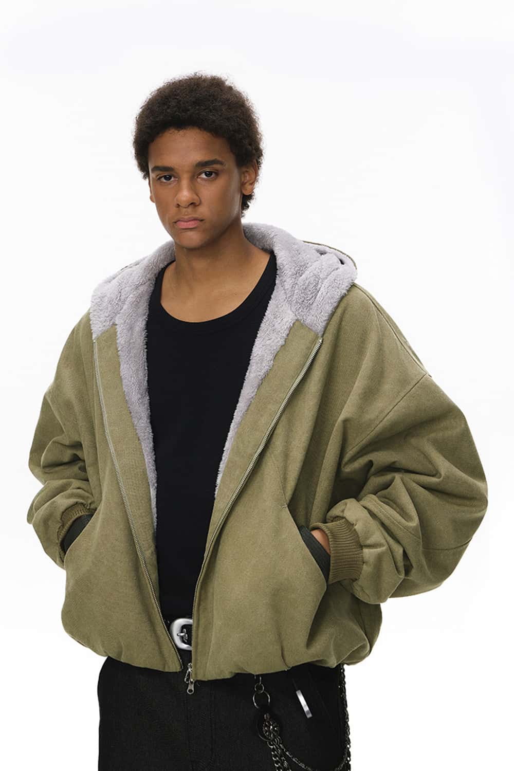 Cropped Fleece Zip-Up Hoodie - Green