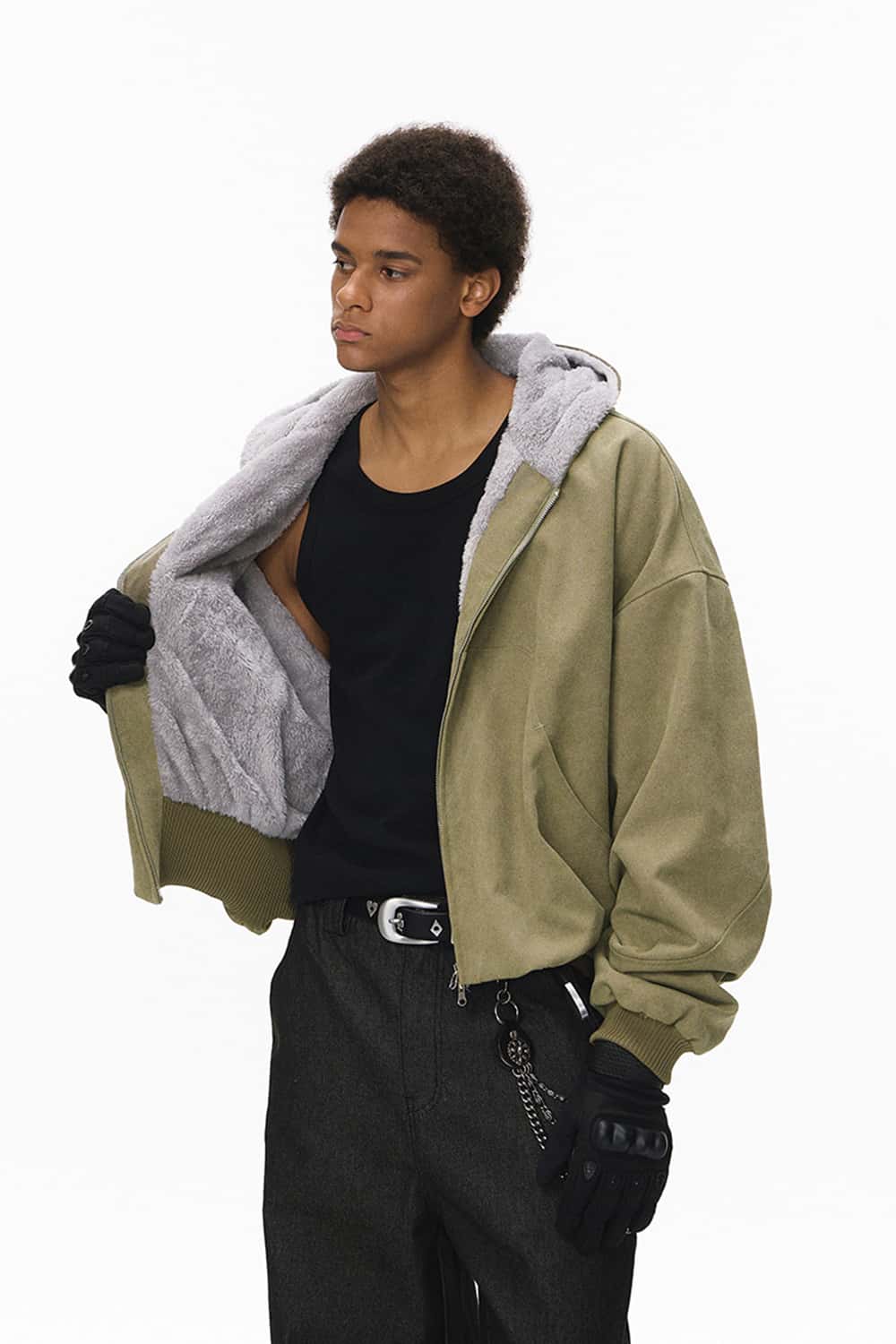 Cropped Fleece Zip-Up Hoodie - Green