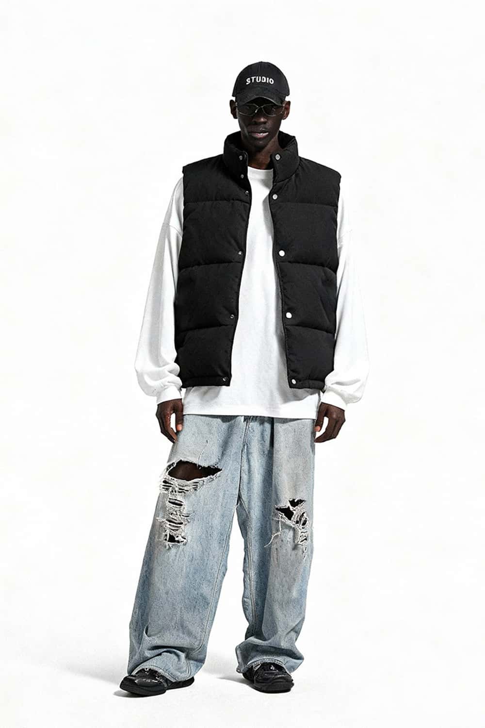 Heavyweight Textured Knit Puffer Vest - Black