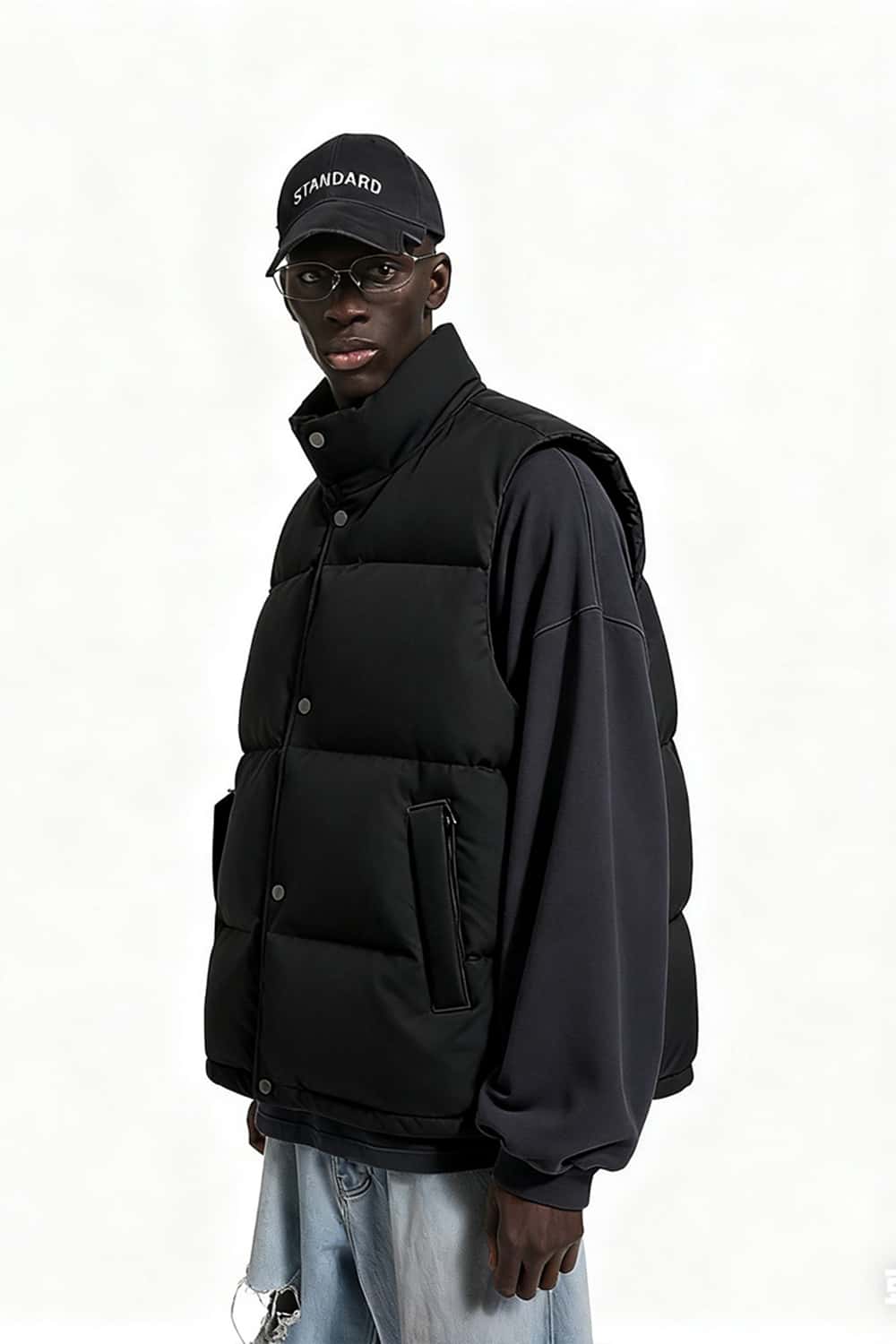 Heavyweight Textured Knit Puffer Vest - Black