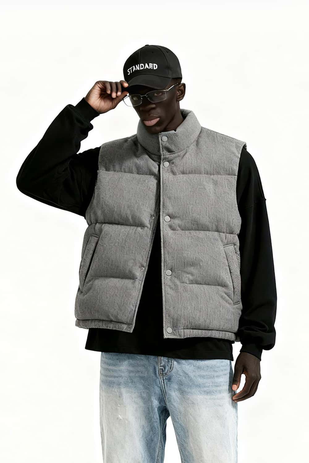 Heavyweight Textured Knit Puffer Vest - Brown