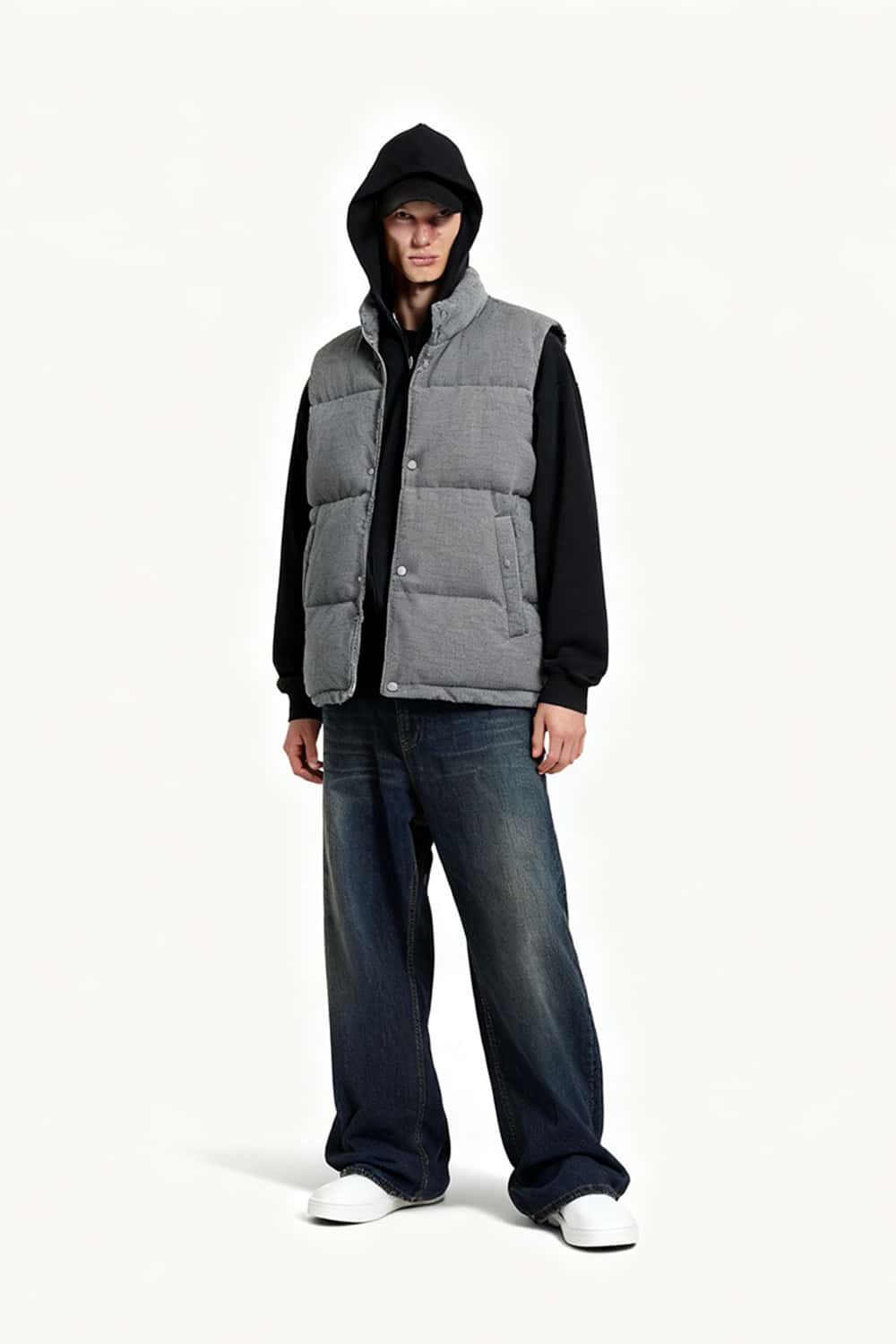 Heavyweight Textured Knit Puffer Vest - Flower Gray