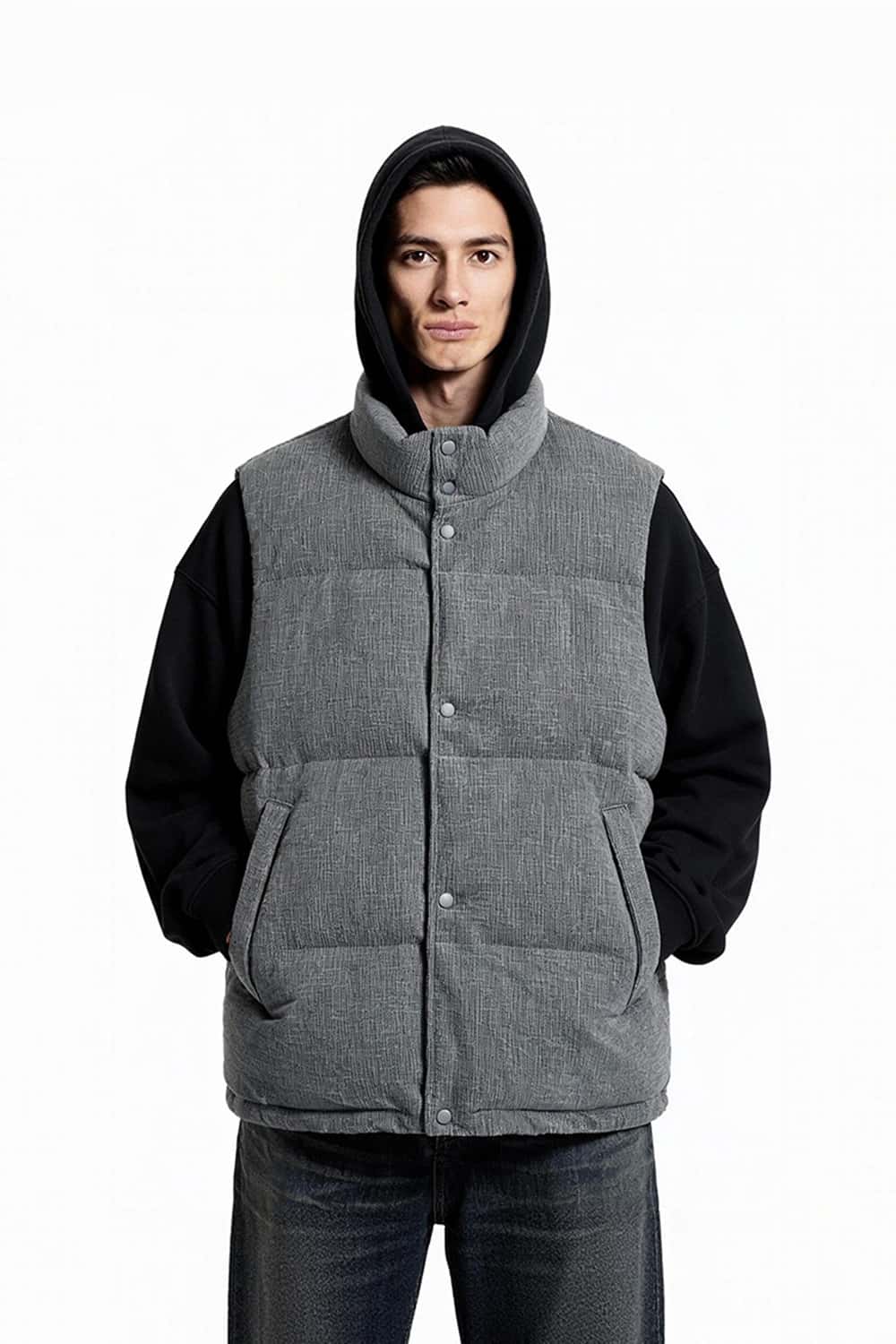 Heavyweight Textured Knit Puffer Vest - Flower Gray