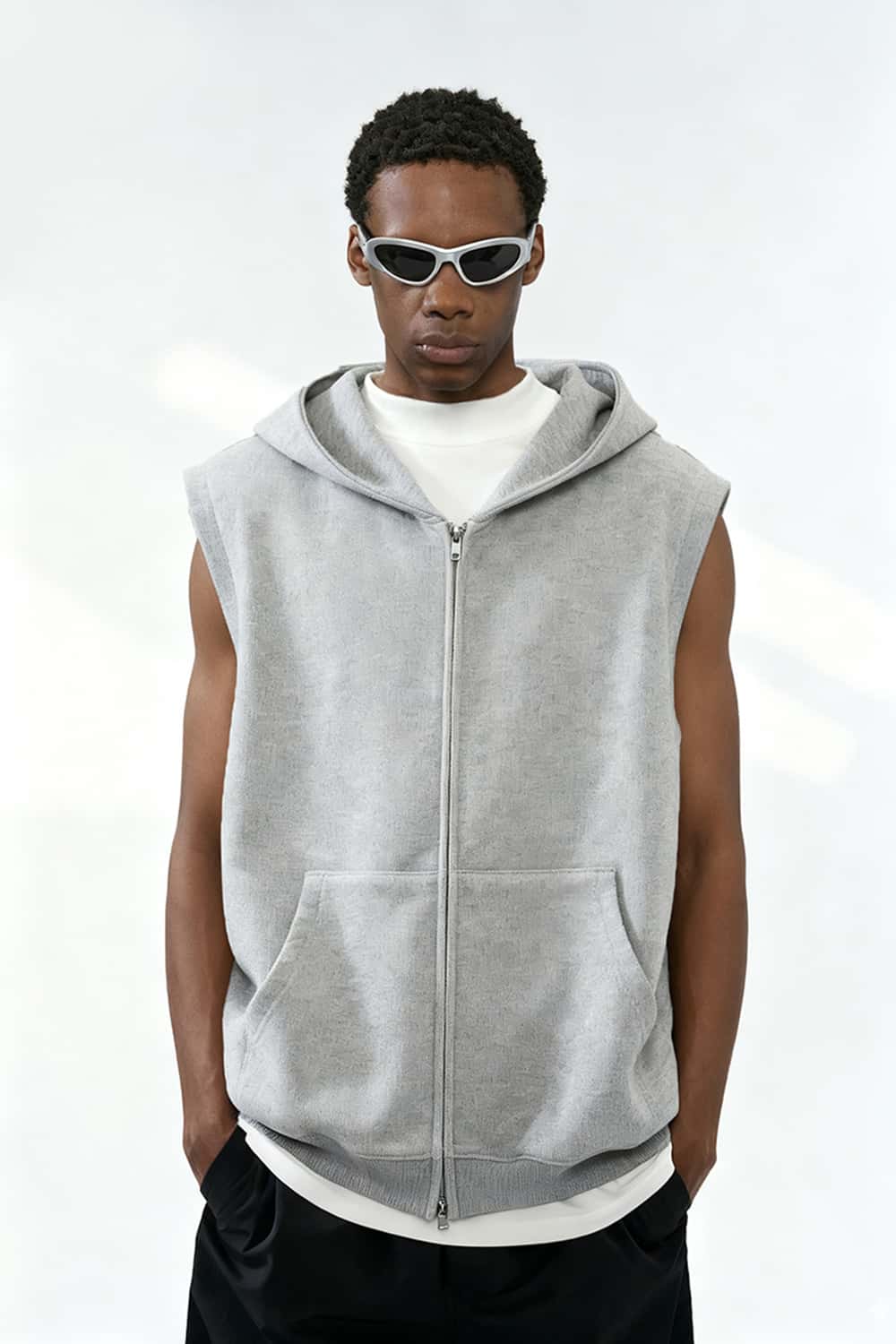Heavyweight Double-Zip Sleeveless Hoodie - Flower Gray