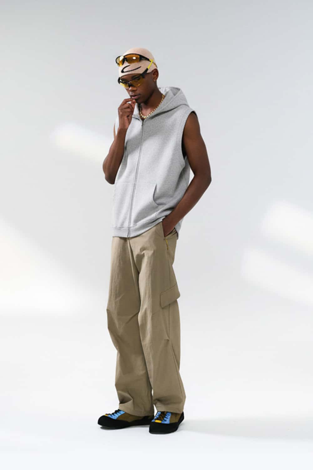 Heavyweight Double-Zip Sleeveless Hoodie - Flower Gray