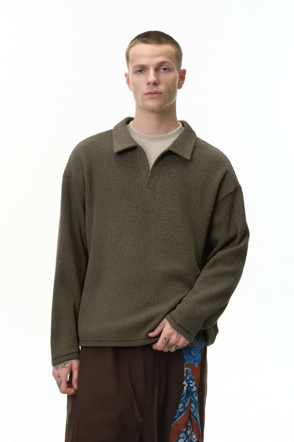 Vintage Layered Collar Long Sleeve Pullover - Brown