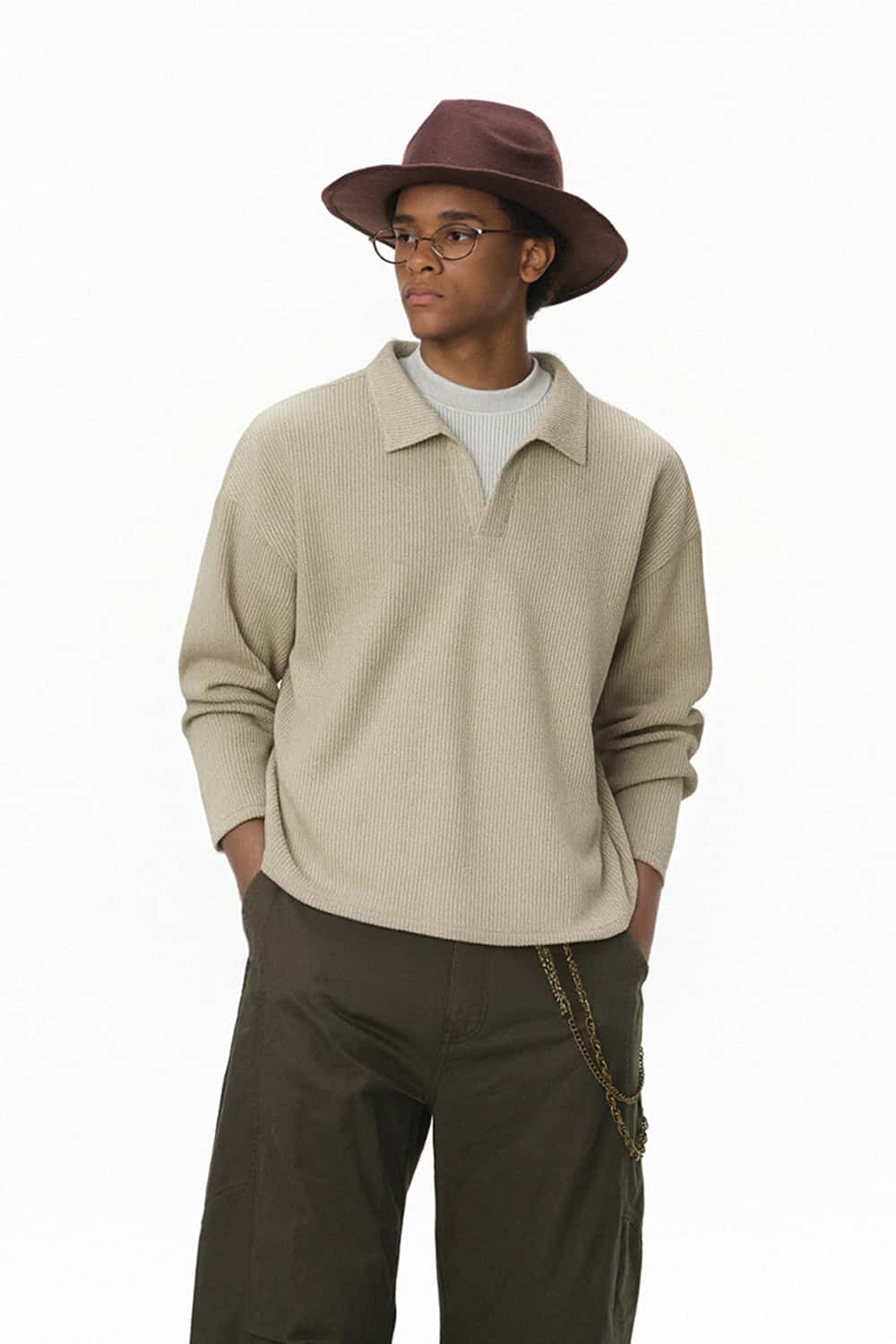 Vintage Layered Collar Long Sleeve Pullover - Oat Gray