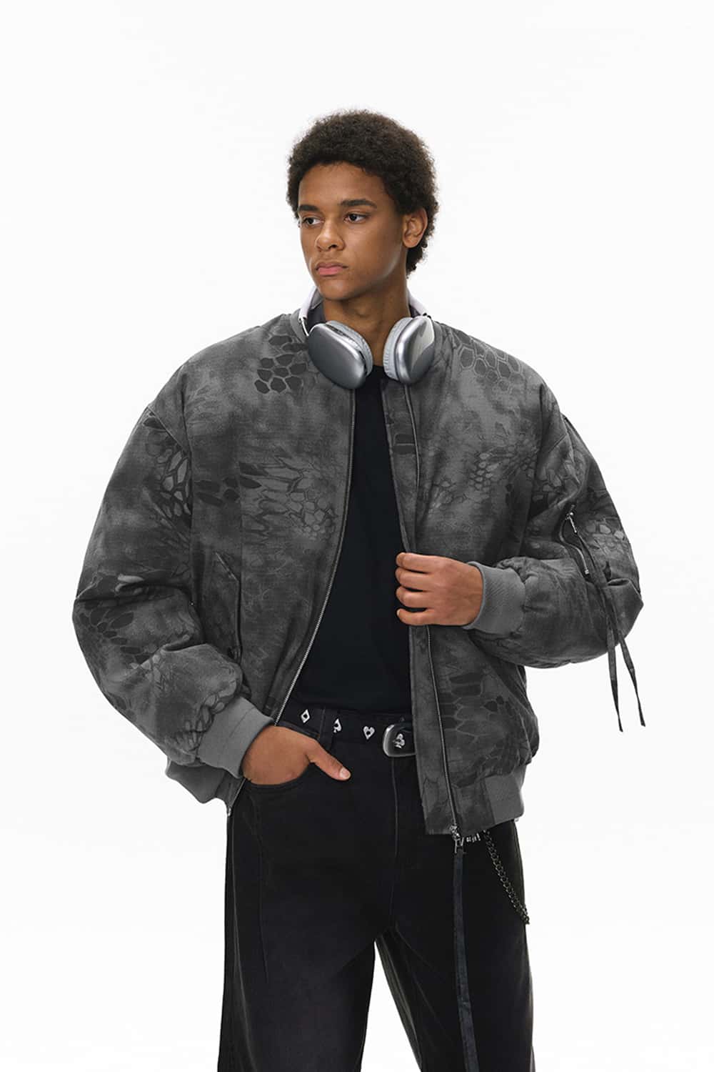 Camo Stand-Collar Puffer Jacket - Dark Gray