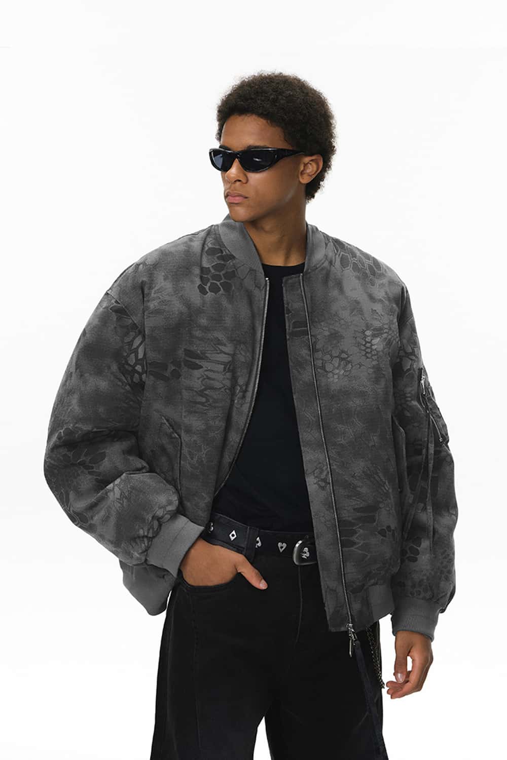 Camo Stand-Collar Puffer Jacket - Dark Gray