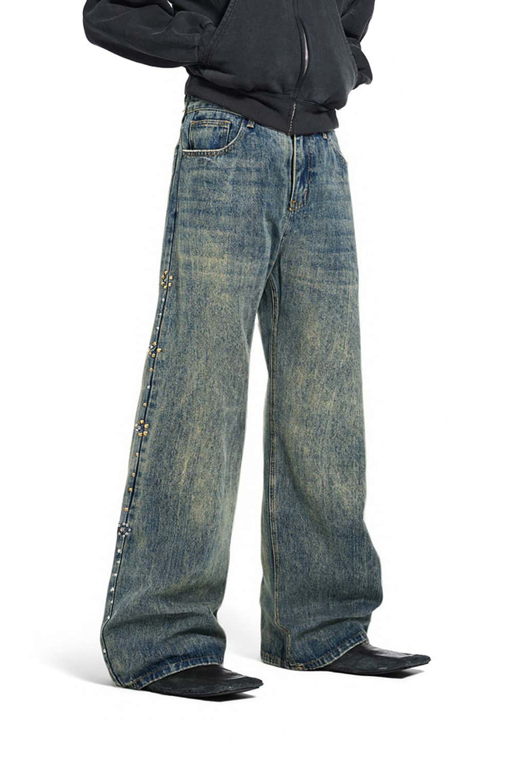 Studded Whisker-Wash Flare Jeans - Blue