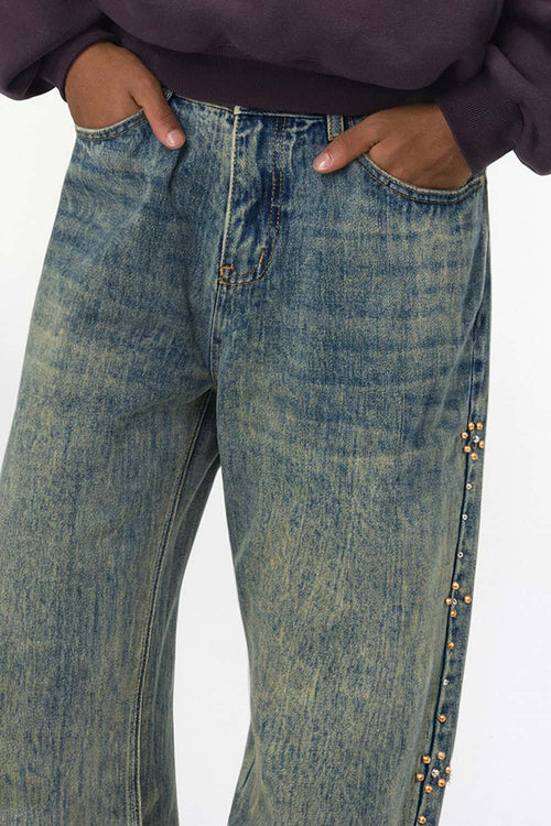 Studded Whisker-Wash Flare Jeans - Blue