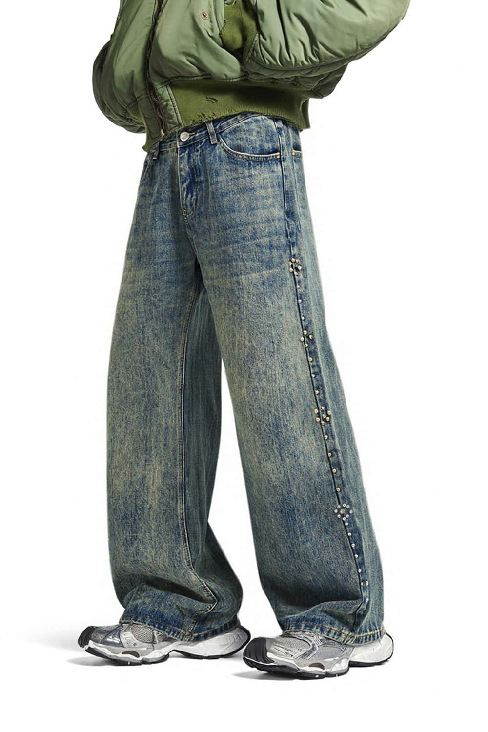 Studded Whisker-Wash Flare Jeans - Blue