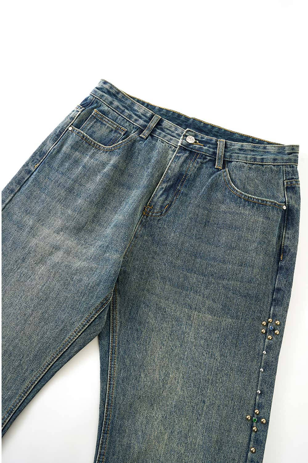 Studded Whisker-Wash Flare Jeans - Blue