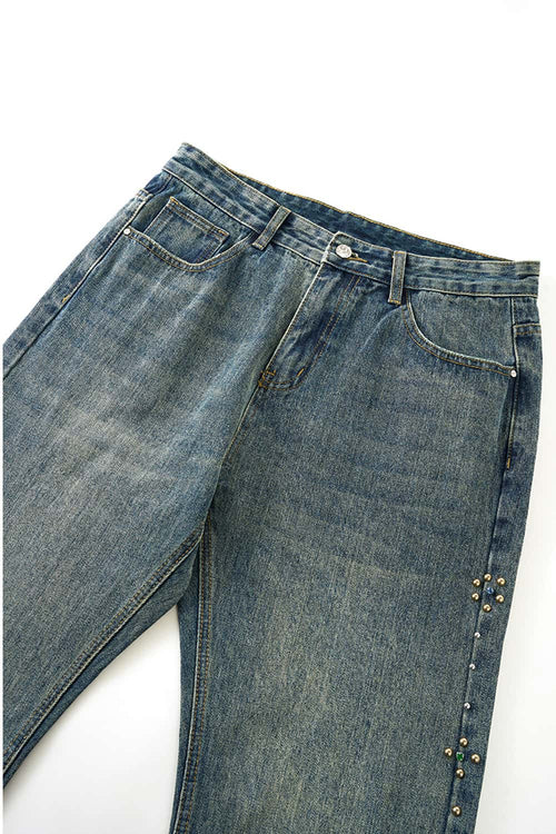 Studded Whisker-Wash Flare Jeans - Blue