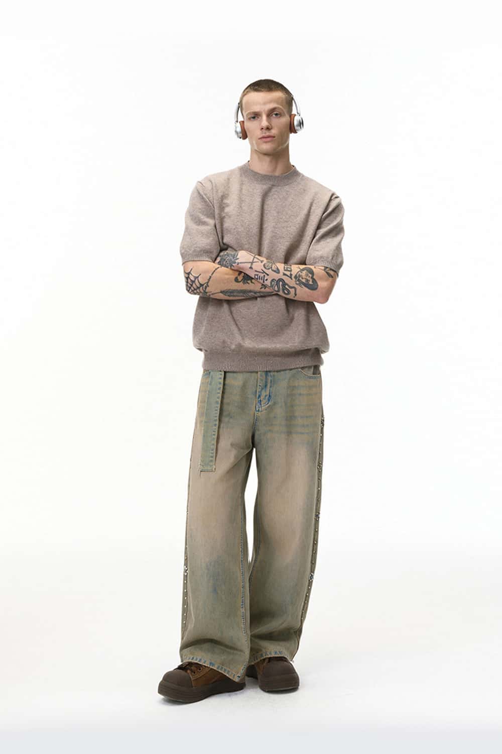 Vintage Wash Distressed Denim Jeans - Sand