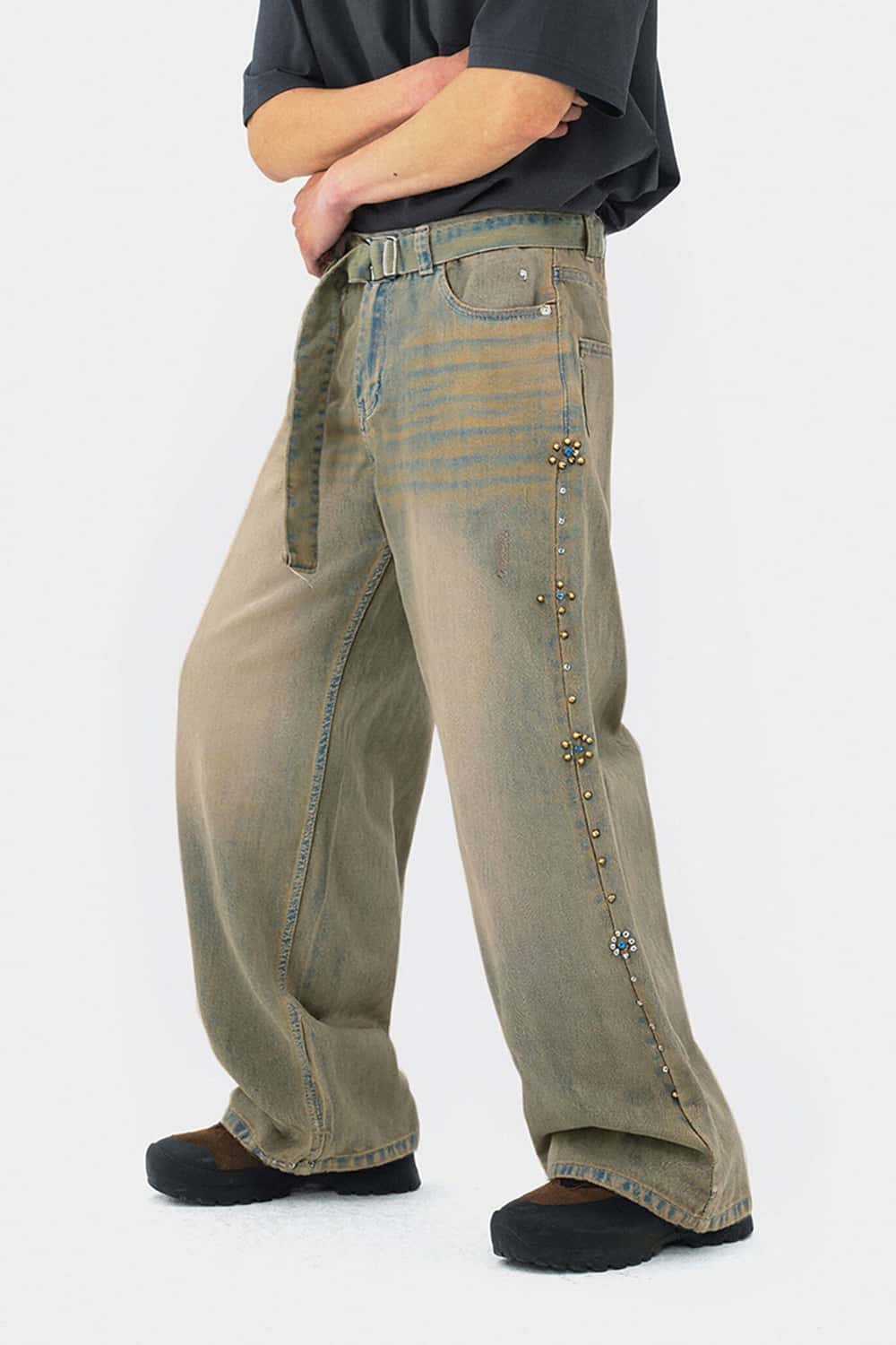 Vintage Wash Distressed Denim Jeans - Sand