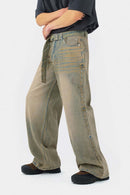 Vintage Wash Distressed Denim Jeans - Sand
