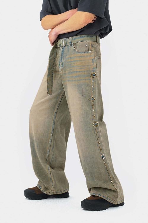 Vintage Wash Distressed Denim Jeans - Sand