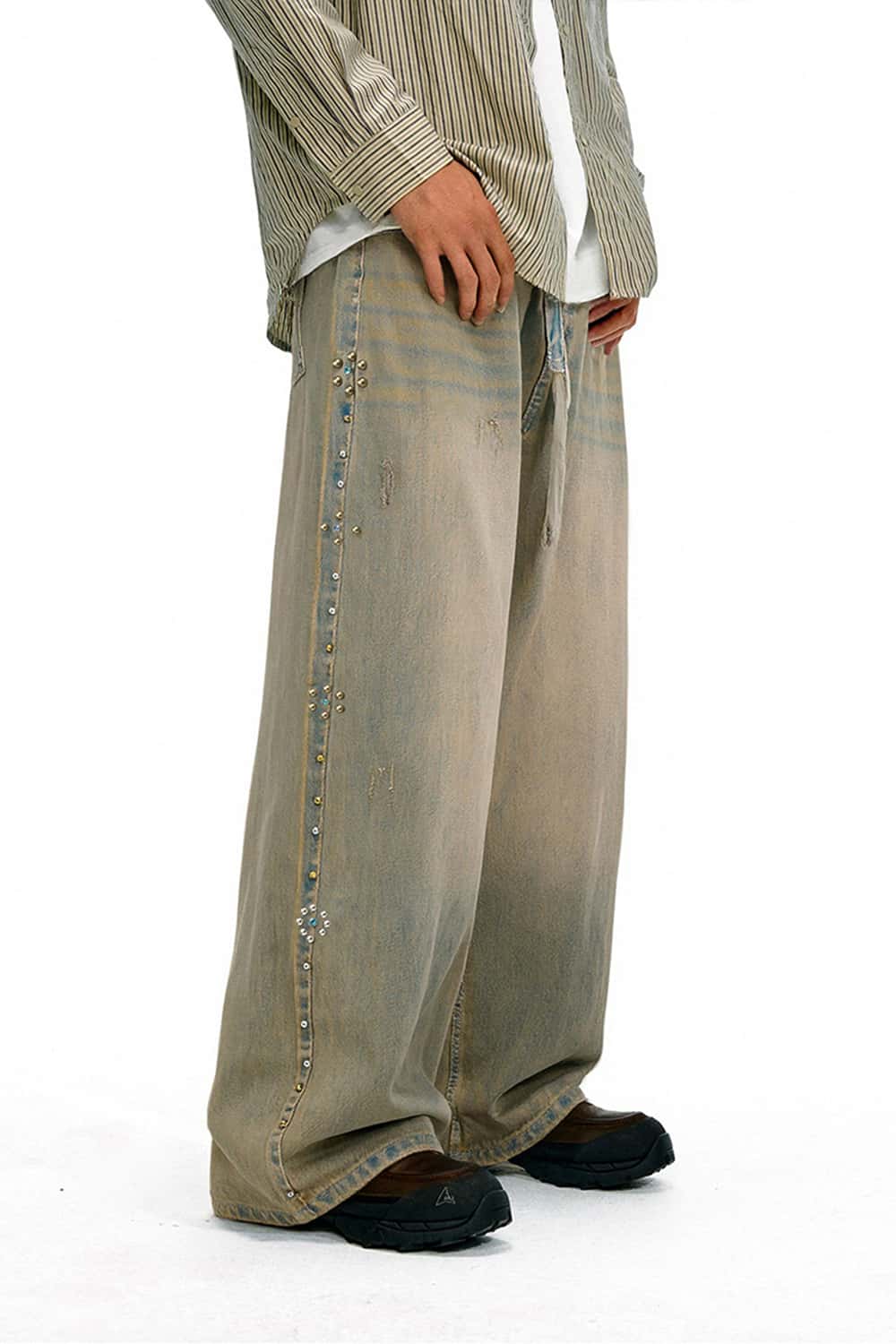 Vintage Wash Distressed Denim Jeans - Sand