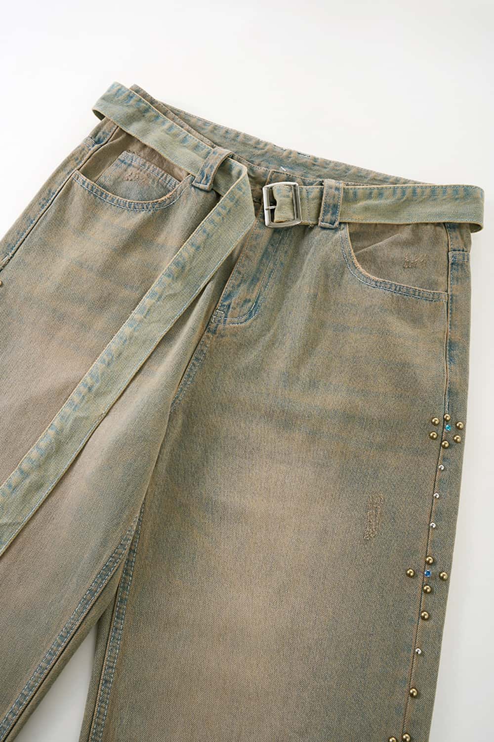 Vintage Wash Distressed Denim Jeans - Sand